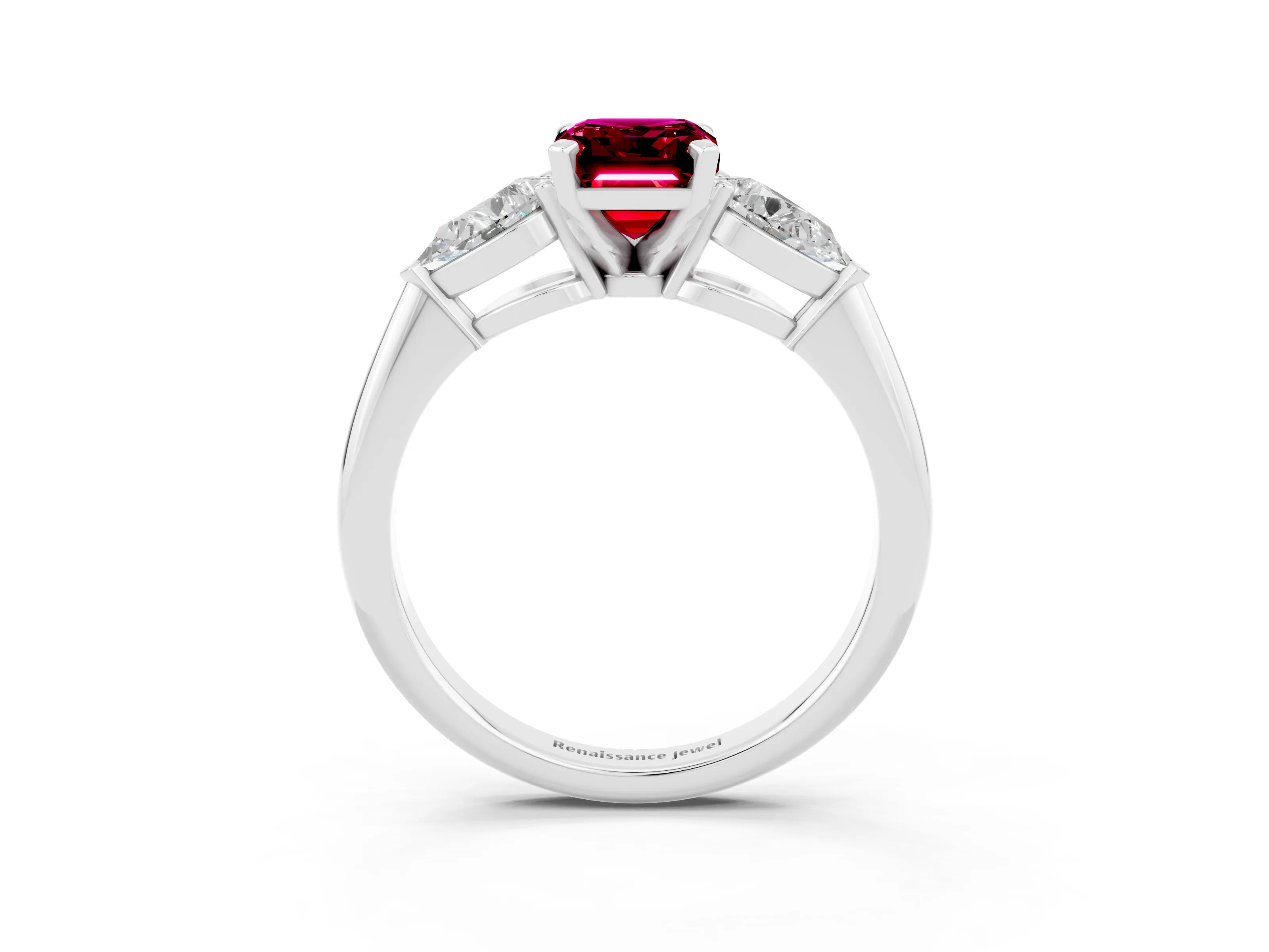 White gold Three-Stone Emerald Cut Garnet Ring with Pear Side Stones and Four-Prong Setting_3