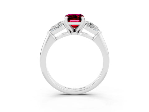 White gold Three-Stone Emerald Cut Garnet Ring with Pear Side Stones and Four-Prong Setting_3