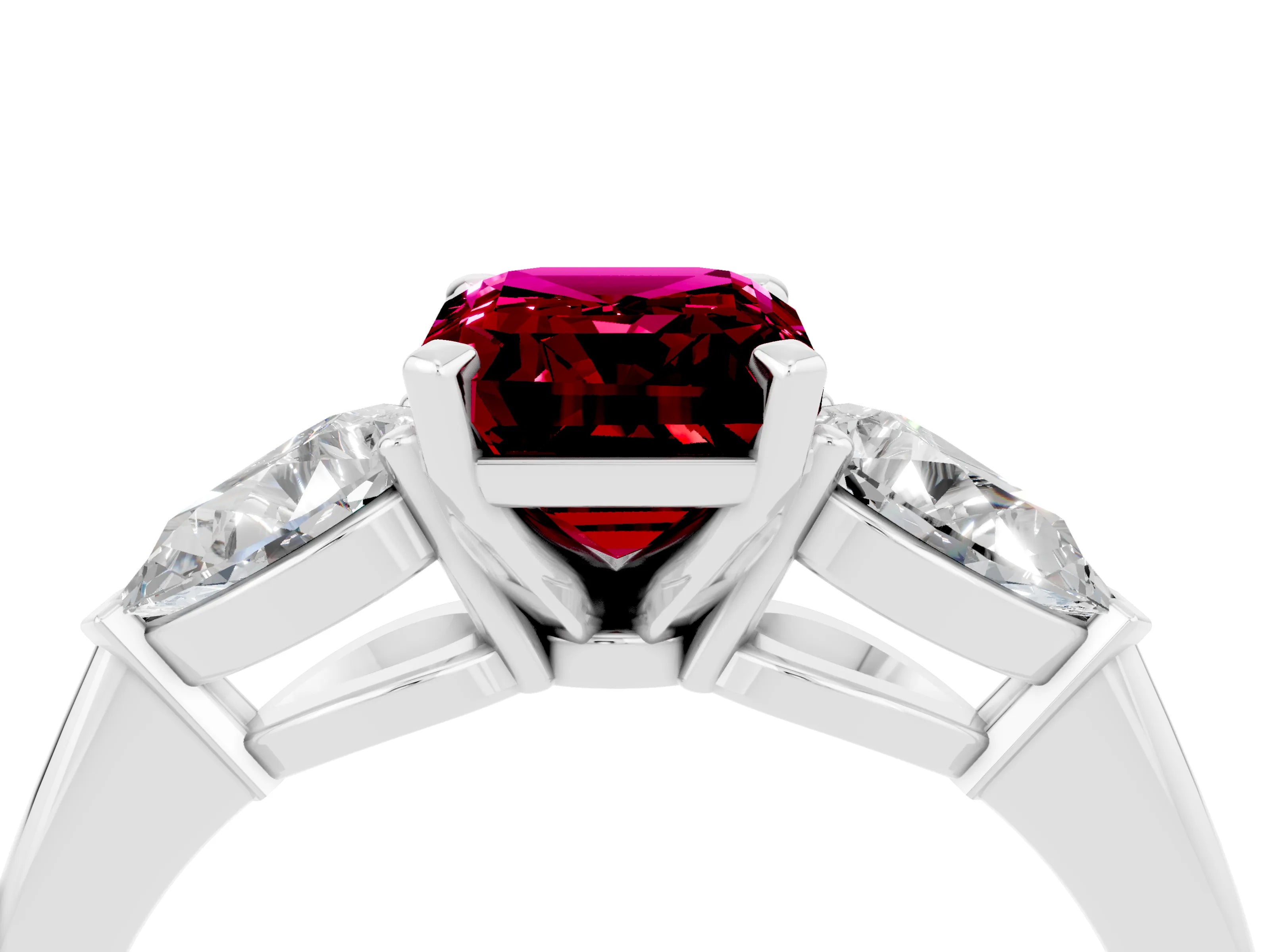 White gold Three-Stone Emerald Cut Garnet Ring with Pear Side Stones and Four-Prong Setting_4