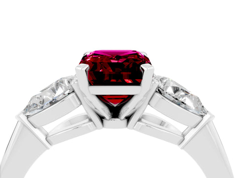 White gold Three-Stone Emerald Cut Garnet Ring with Pear Side Stones and Four-Prong Setting_4