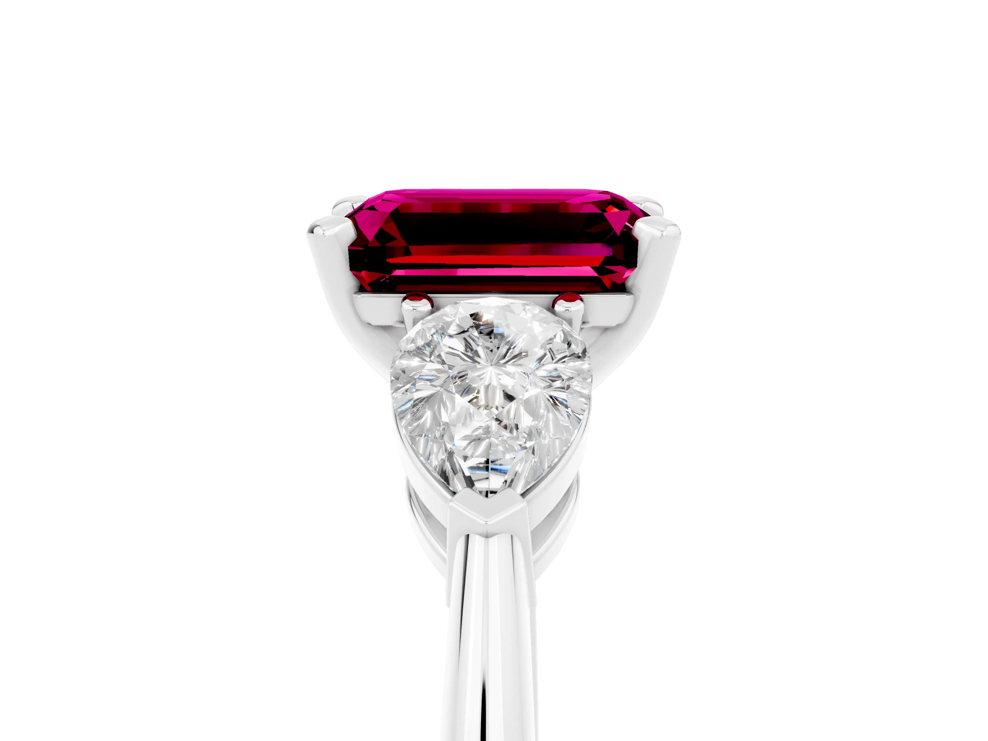 White gold Three-Stone Emerald Cut Garnet Ring with Pear Side Stones and Four-Prong Setting_5