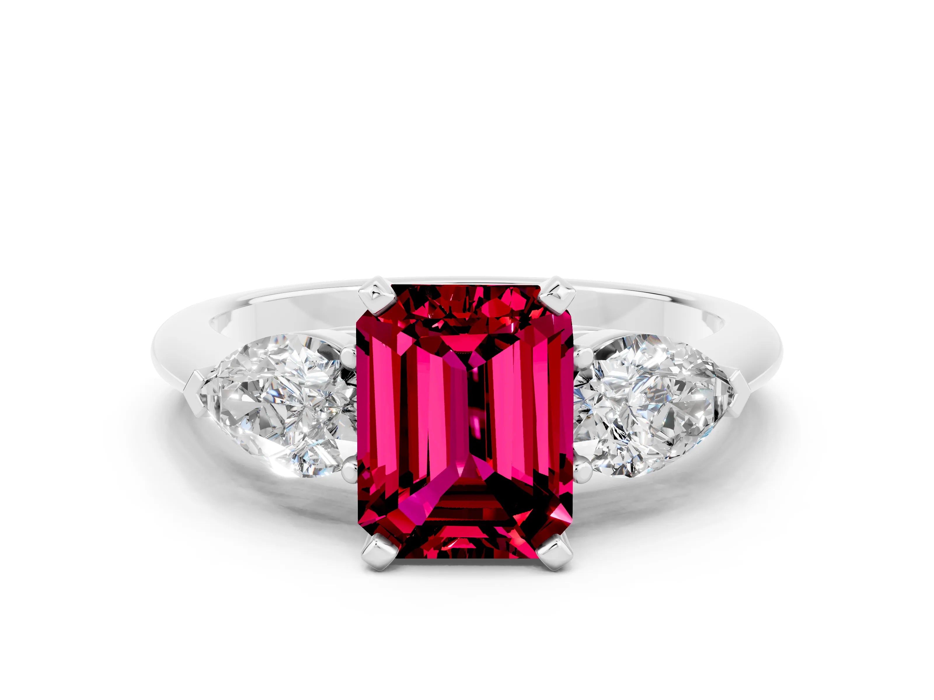White gold Three-Stone Emerald Cut Garnet Ring with Pear Side Stones and Four-Prong Setting