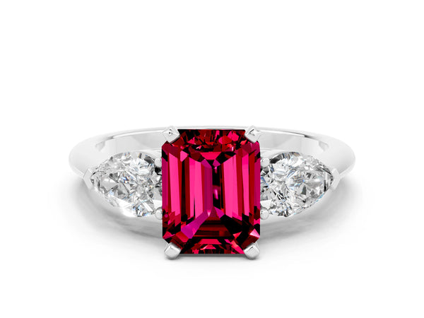 Silver Three-Stone Emerald Cut Garnet Ring with Pear Side Stones and Four-Prong Setting