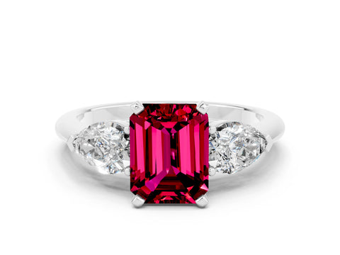 White gold Three-Stone Emerald Cut Garnet Ring with Pear Side Stones and Four-Prong Setting