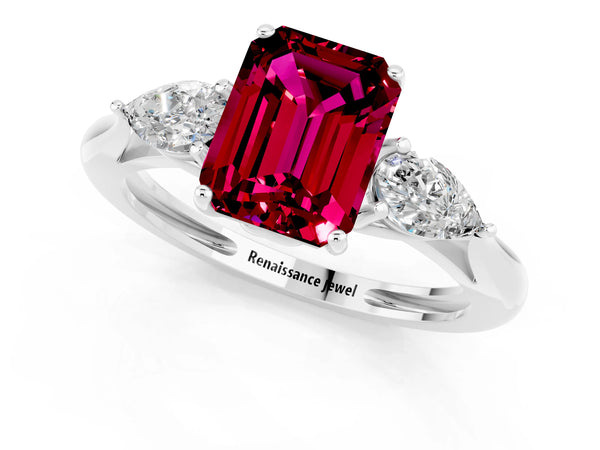 White gold Three-Stone Emerald Cut Garnet Ring with Pear  Side Stones in Four-Prong Setting