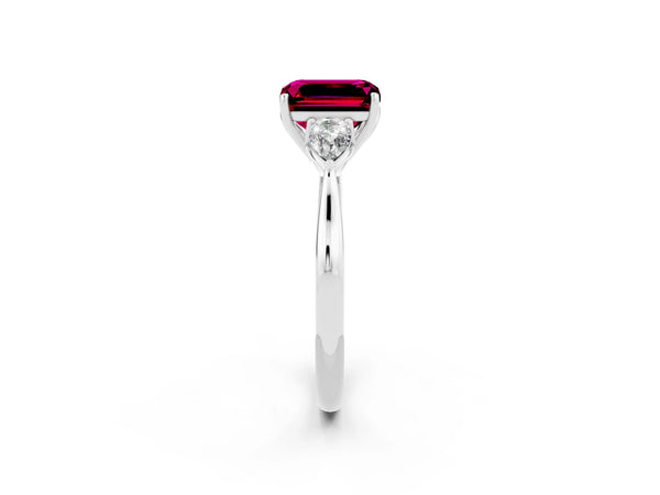 Silver Three-Stone Emerald Cut Garnet Ring with Pear  Side Stones in Four-Prong Setting