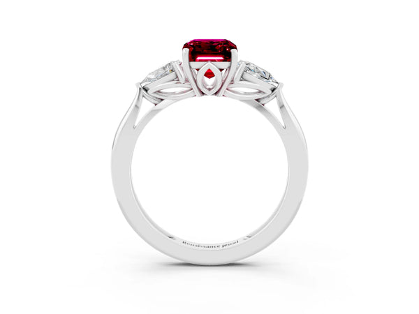 White gold Three-Stone Emerald Cut Garnet Ring with Pear  Side Stones in Four-Prong Setting