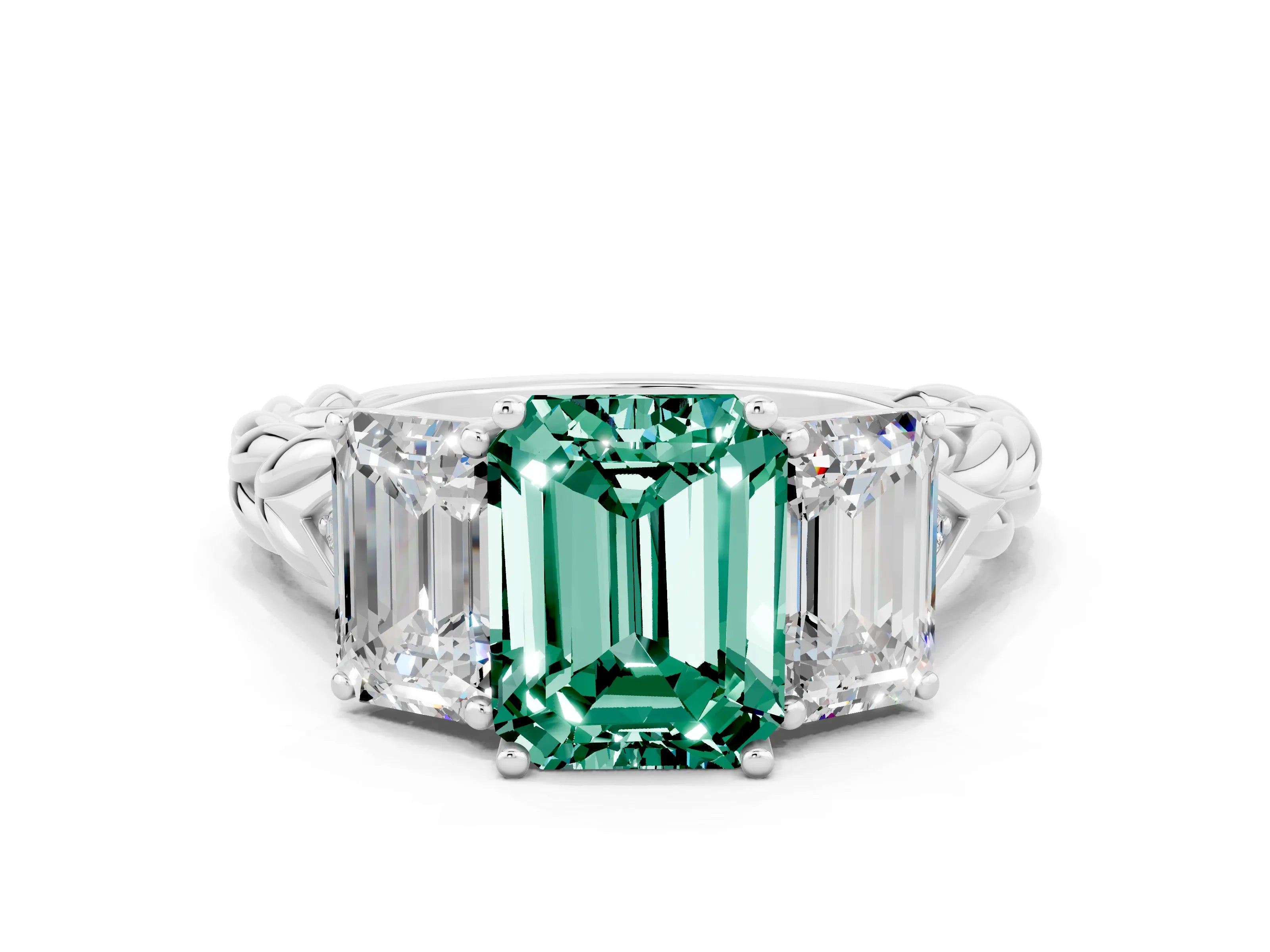 White gold Three-Stone Emerald Cut Green Sapphire Braided Band Ring with Four-Prong Setting_36