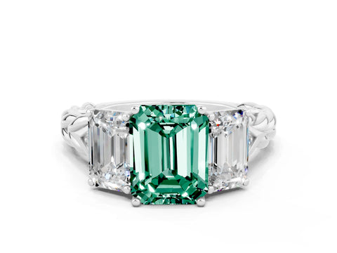 White gold Three-Stone Emerald Cut Green Sapphire Braided Band Ring with Four-Prong Setting_36