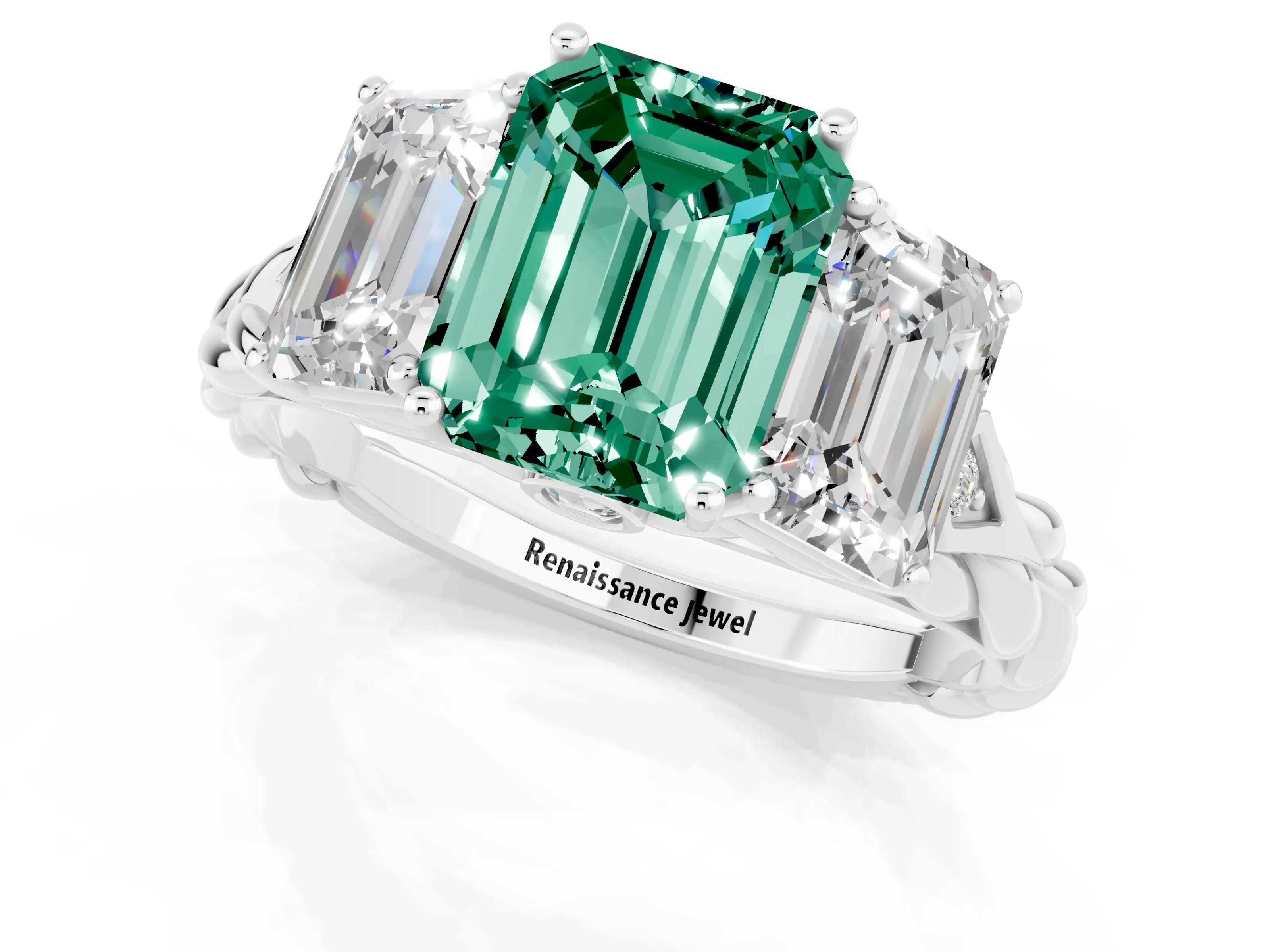 White gold Three-Stone Emerald Cut Green Sapphire Braided Band Ring with Four-Prong Setting_37