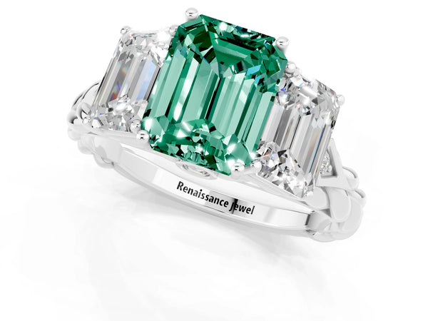 White gold Three-Stone Emerald Cut Green Sapphire Braided Band Ring with Four-Prong Setting
