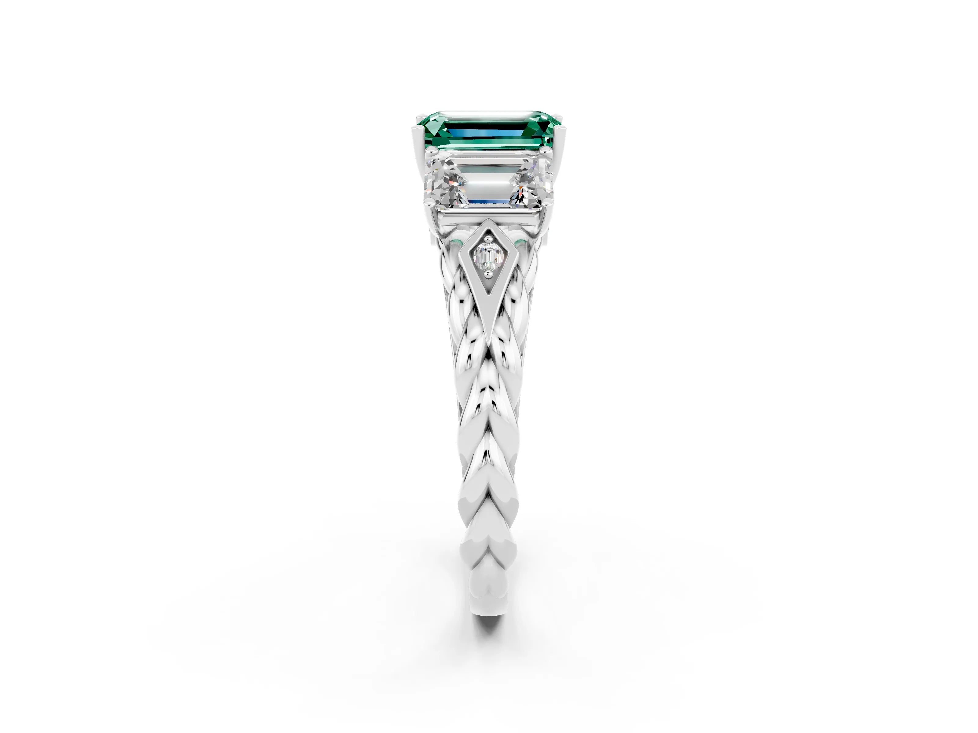 White gold Three-Stone Emerald Cut Green Sapphire Braided Band Ring with Four-Prong Setting_38