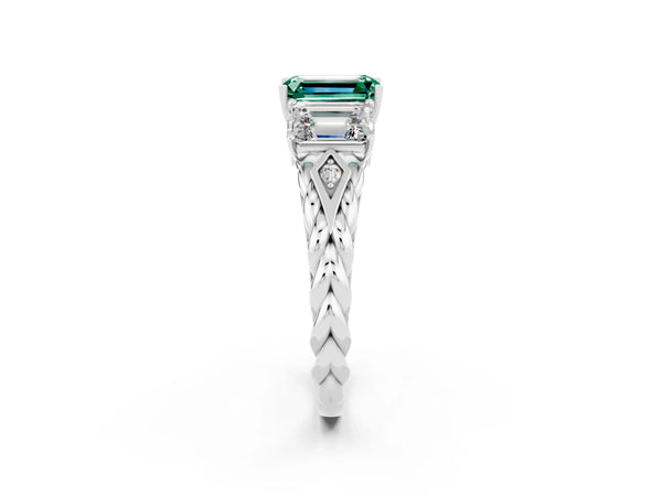 Platinum Three-Stone Emerald Cut Green Sapphire Braided Band Ring with Four-Prong Setting