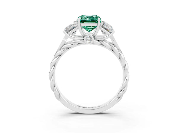 Platinum Three-Stone Emerald Cut Green Sapphire Braided Band Ring with Four-Prong Setting