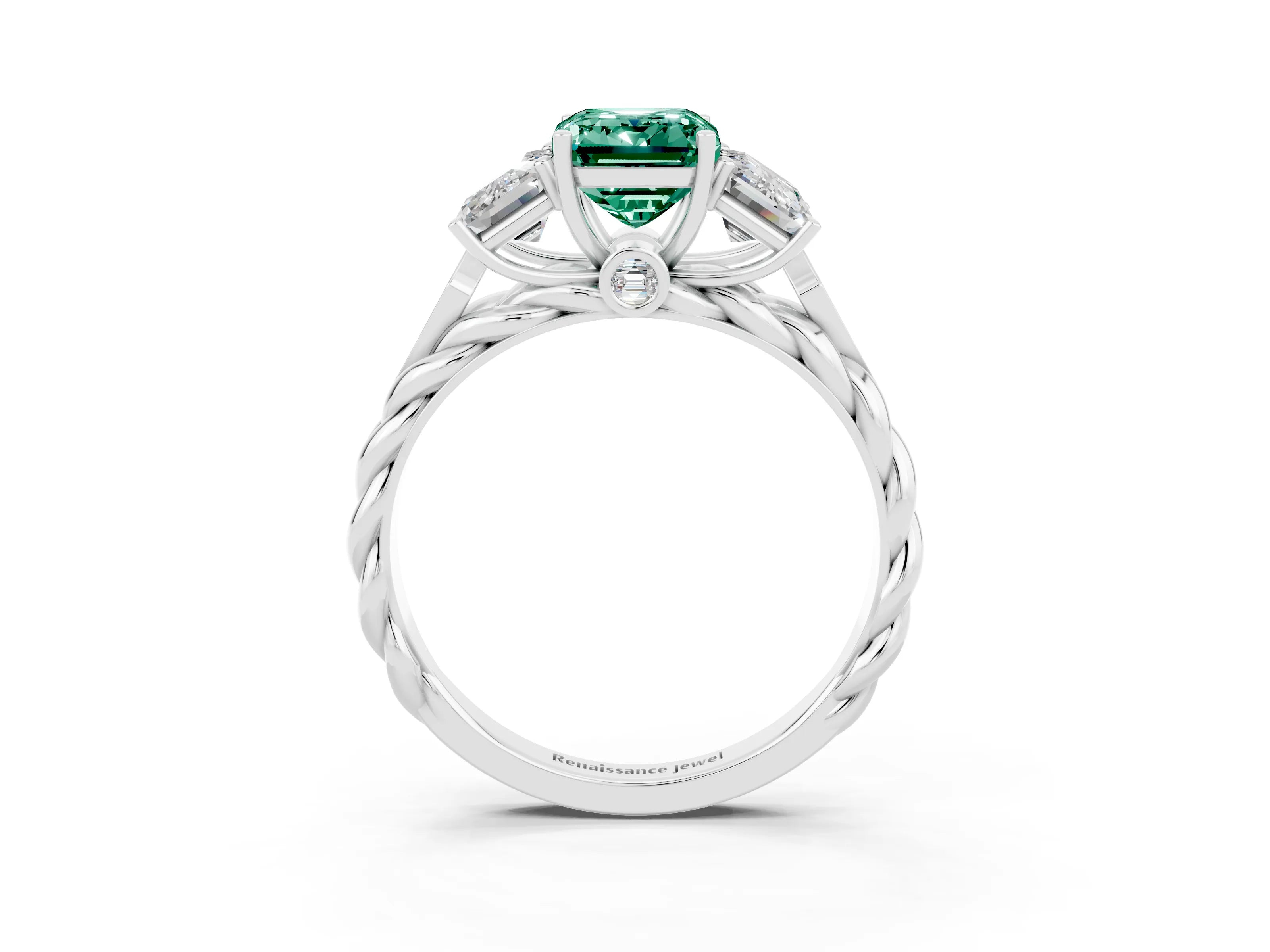 White gold Three-Stone Emerald Cut Green Sapphire Braided Band Ring with Four-Prong Setting_39