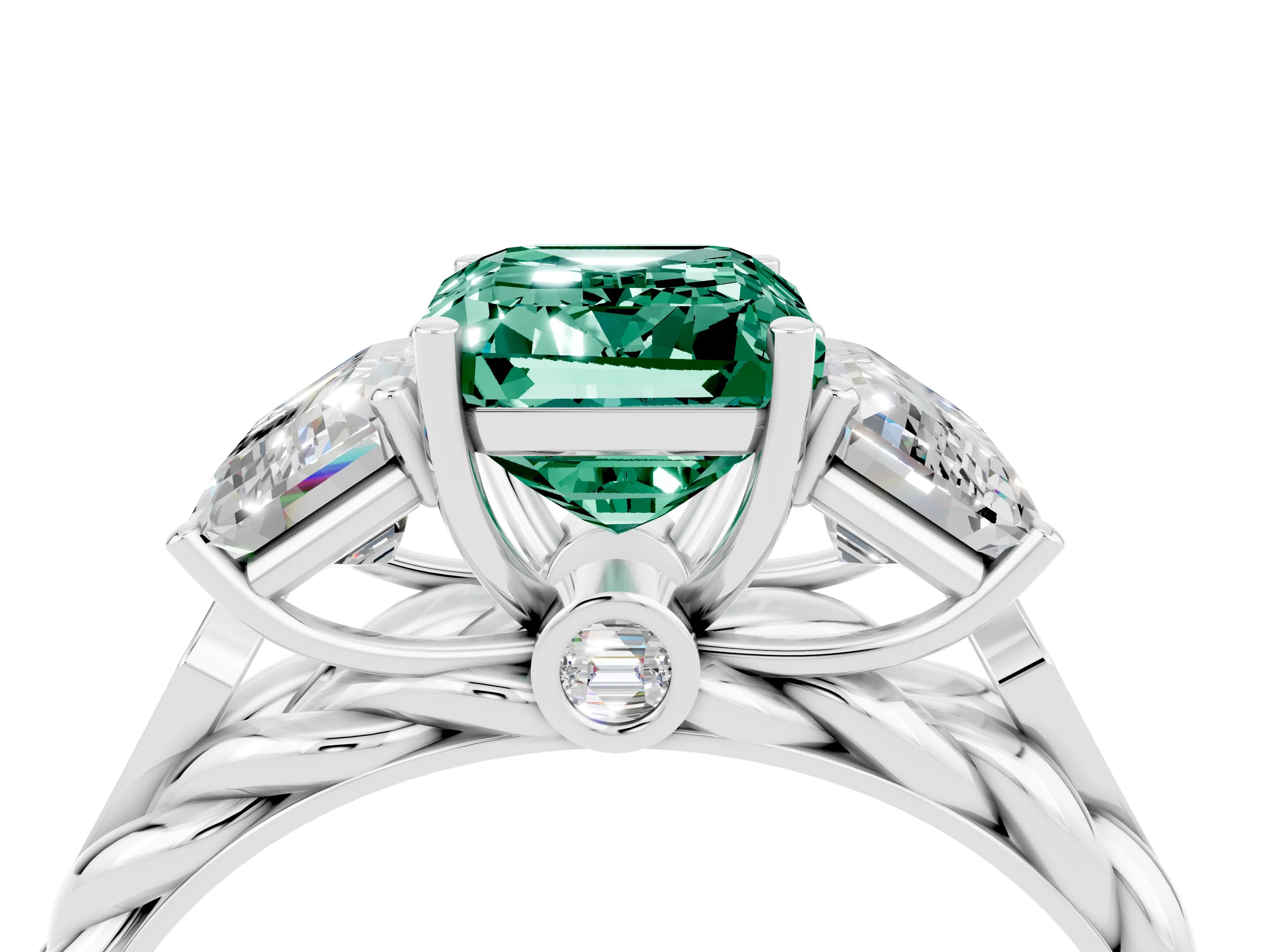 White gold Three-Stone Emerald Cut Green Sapphire Braided Band Ring with Four-Prong Setting_40