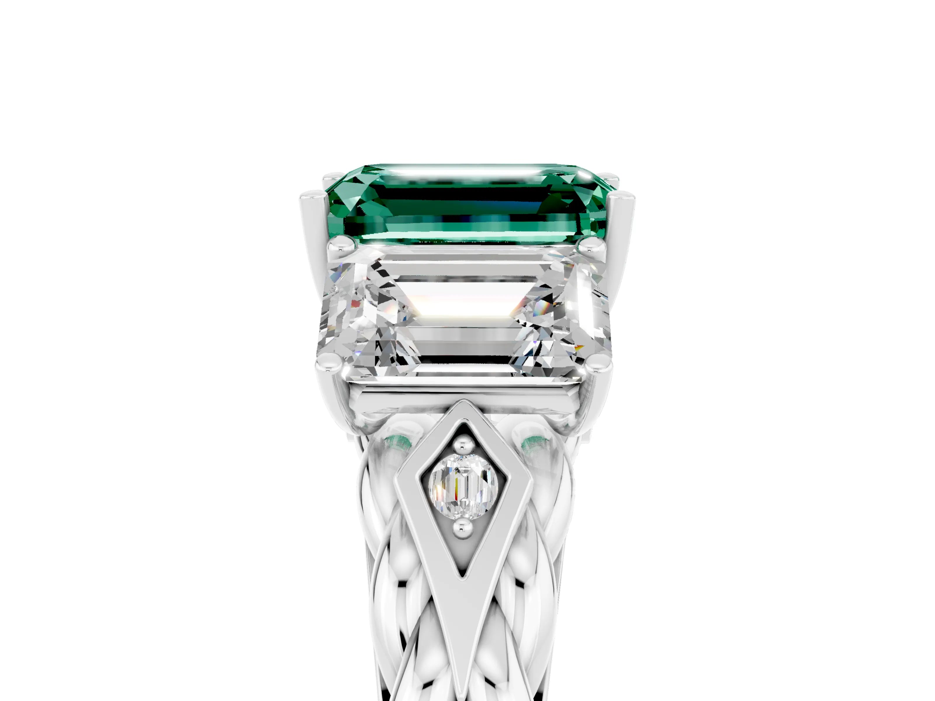 White gold Three-Stone Emerald Cut Green Sapphire Braided Band Ring with Four-Prong Setting_41