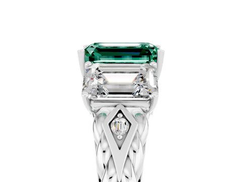 White gold Three-Stone Emerald Cut Green Sapphire Braided Band Ring with Four-Prong Setting_41