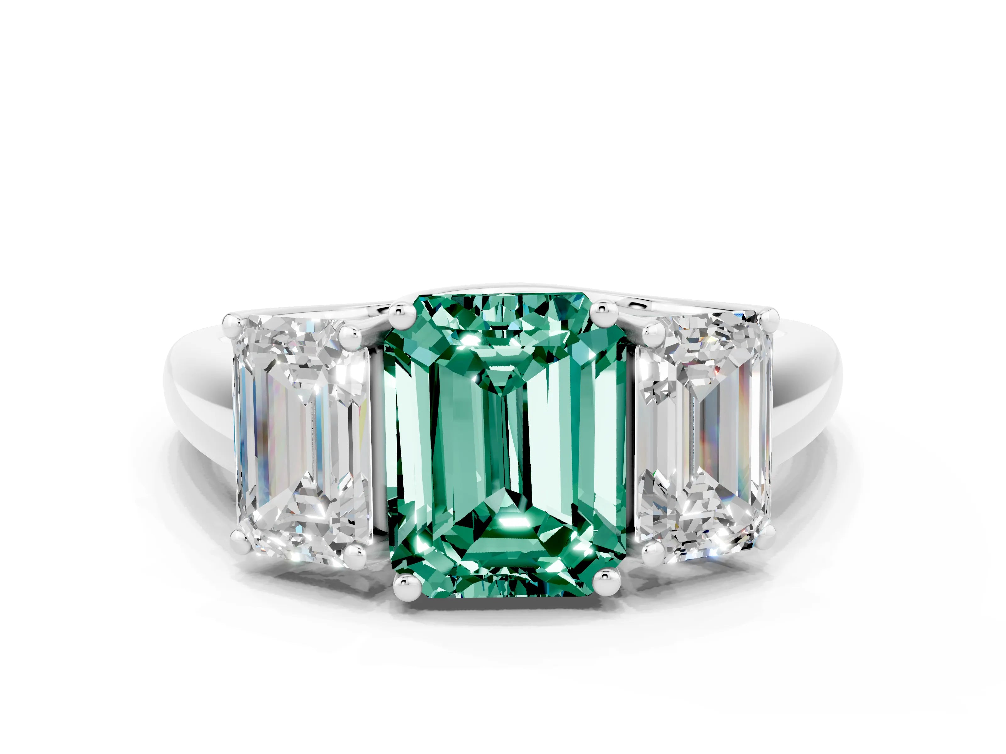 White gold Three-Stone Emerald Cut Green Sapphire Engagement Ring with Prong Setting_30