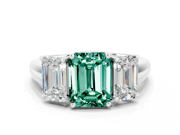 White gold Three-Stone Emerald Cut Green Sapphire Engagement Ring with Prong Setting