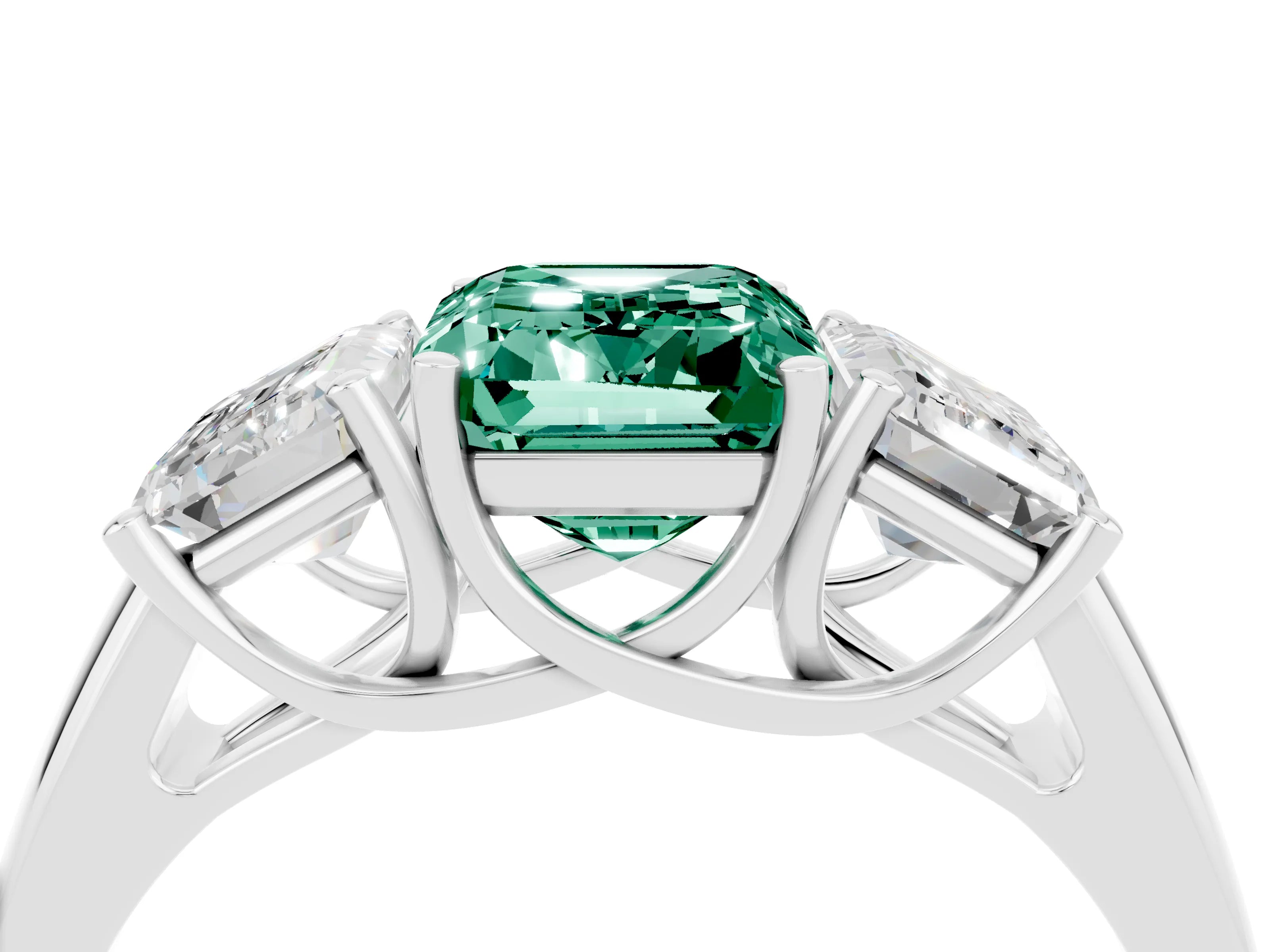 White gold Three-Stone Emerald Cut Green Sapphire Engagement Ring with Prong Setting_34