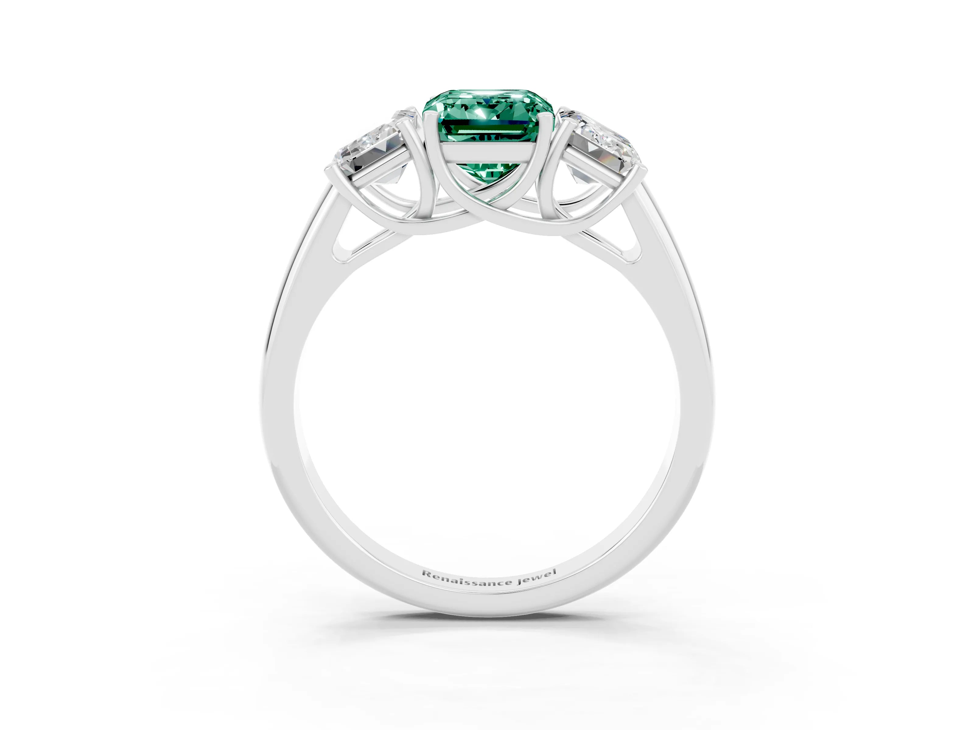White gold Three-Stone Emerald Cut Green Sapphire Engagement Ring with Prong Setting_35