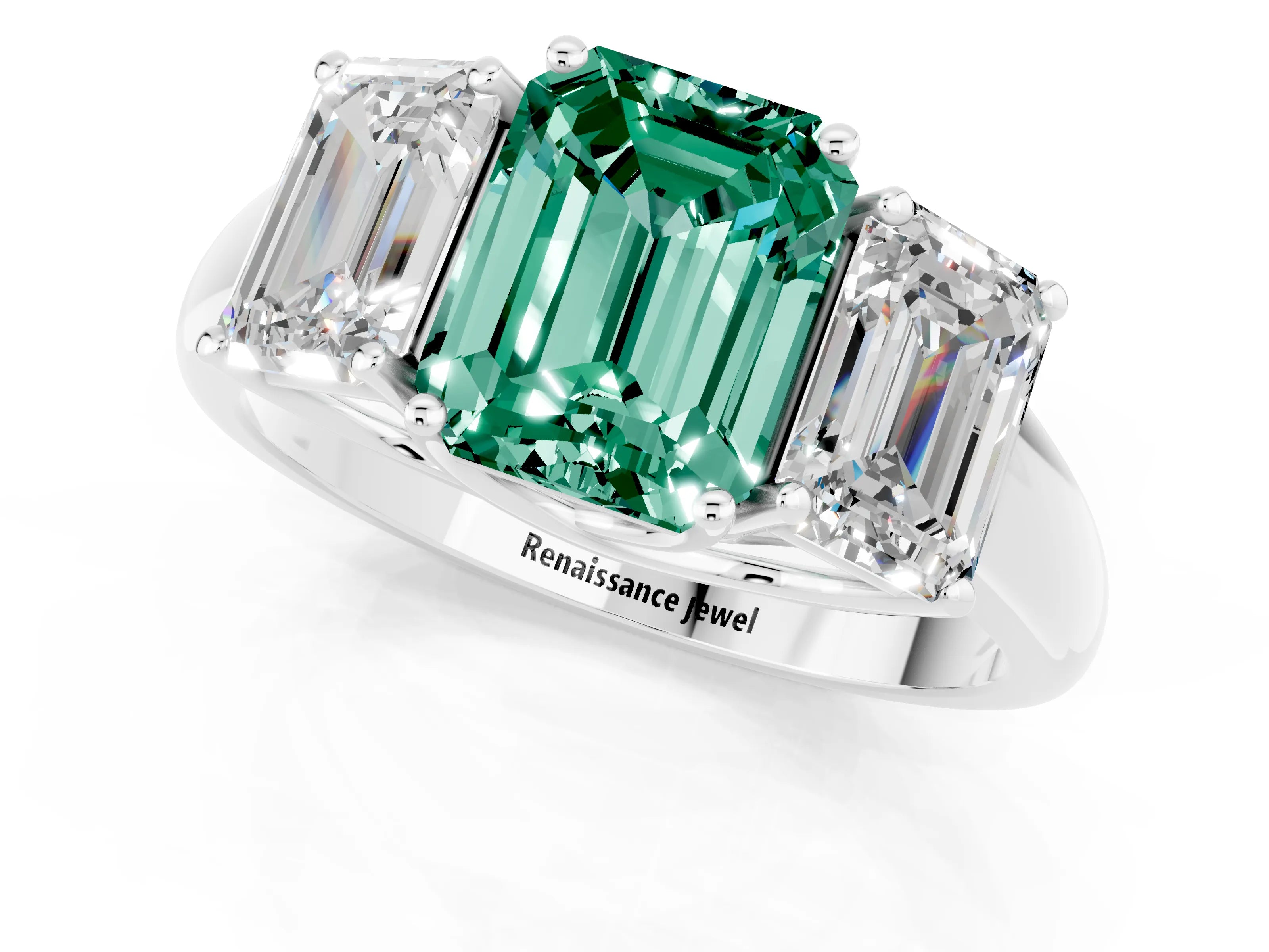 White gold Three-Stone Emerald Cut Green Sapphire Engagement Ring with Prong Setting_37
