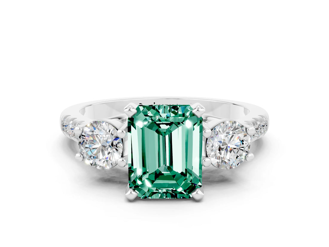 White gold Three-Stone Emerald Cut Green Sapphire Pavé Band with Four-Prong Setting