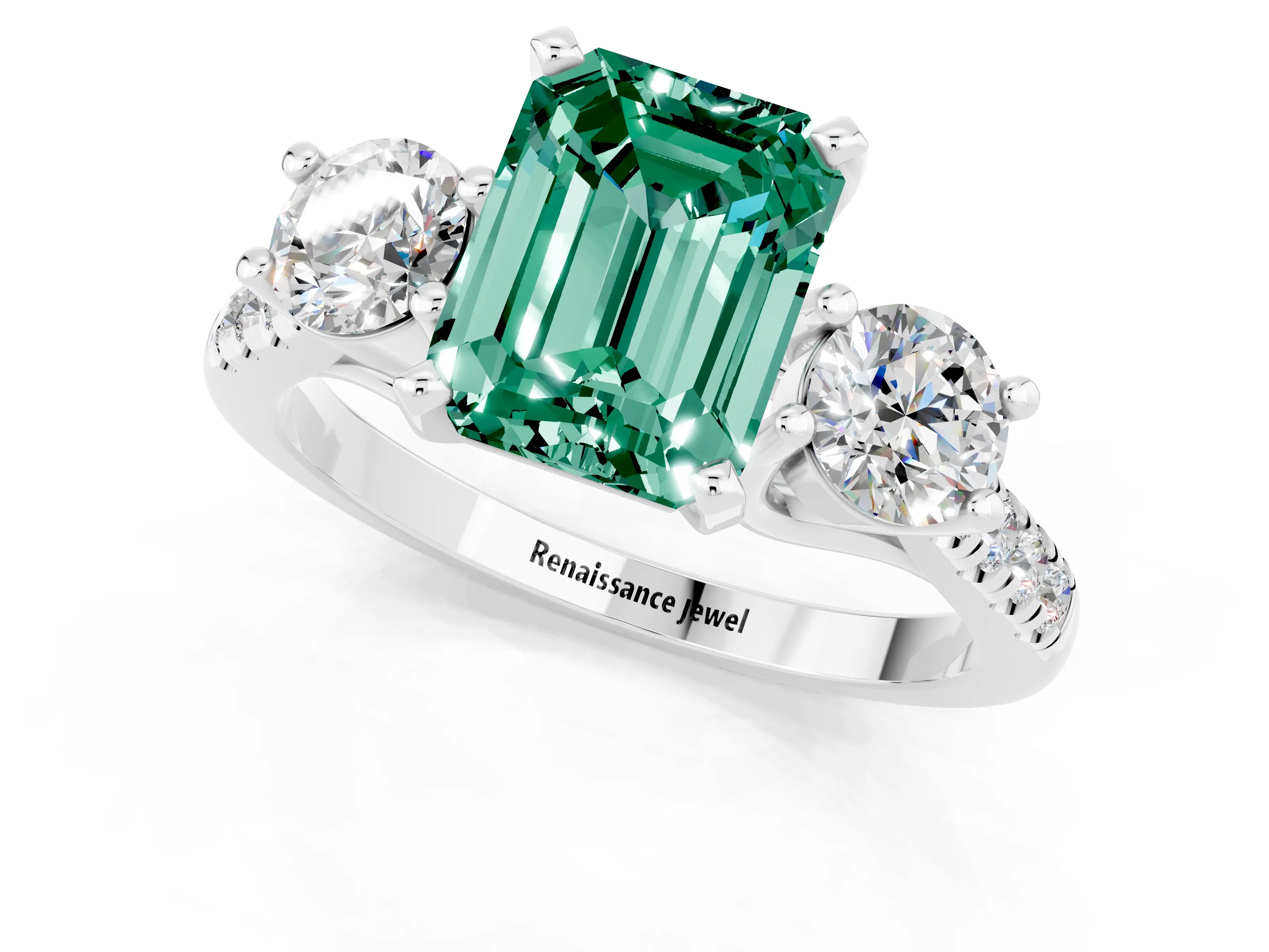 White gold Three-Stone Emerald Cut Green Sapphire Pavé Band with Four-Prong Setting_1