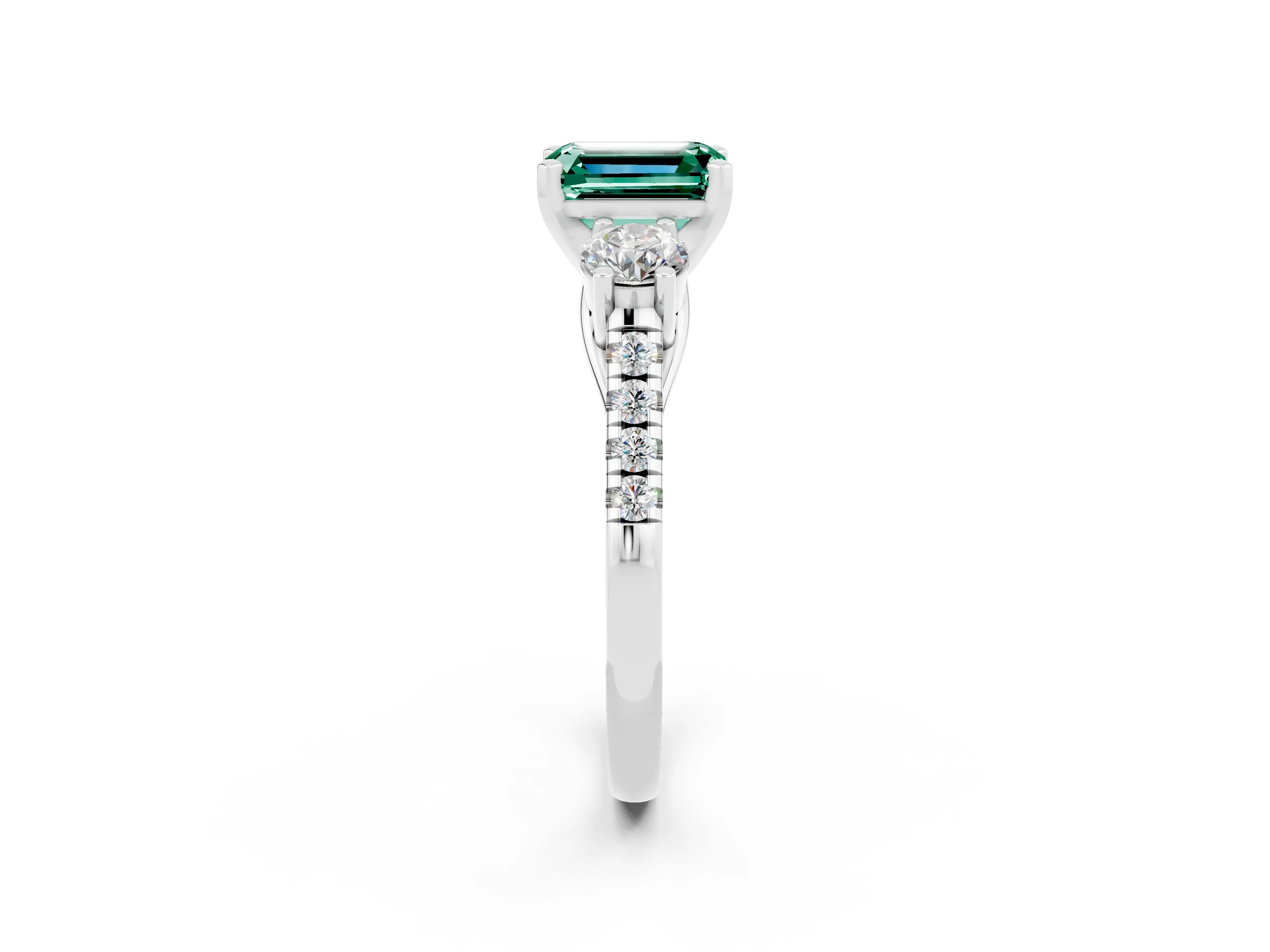 White gold Three-Stone Emerald Cut Green Sapphire Pavé Band with Four-Prong Setting_2