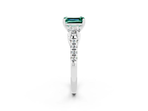 Platinum Three-Stone Emerald Cut Green Sapphire Pavé Band with Four-Prong Setting