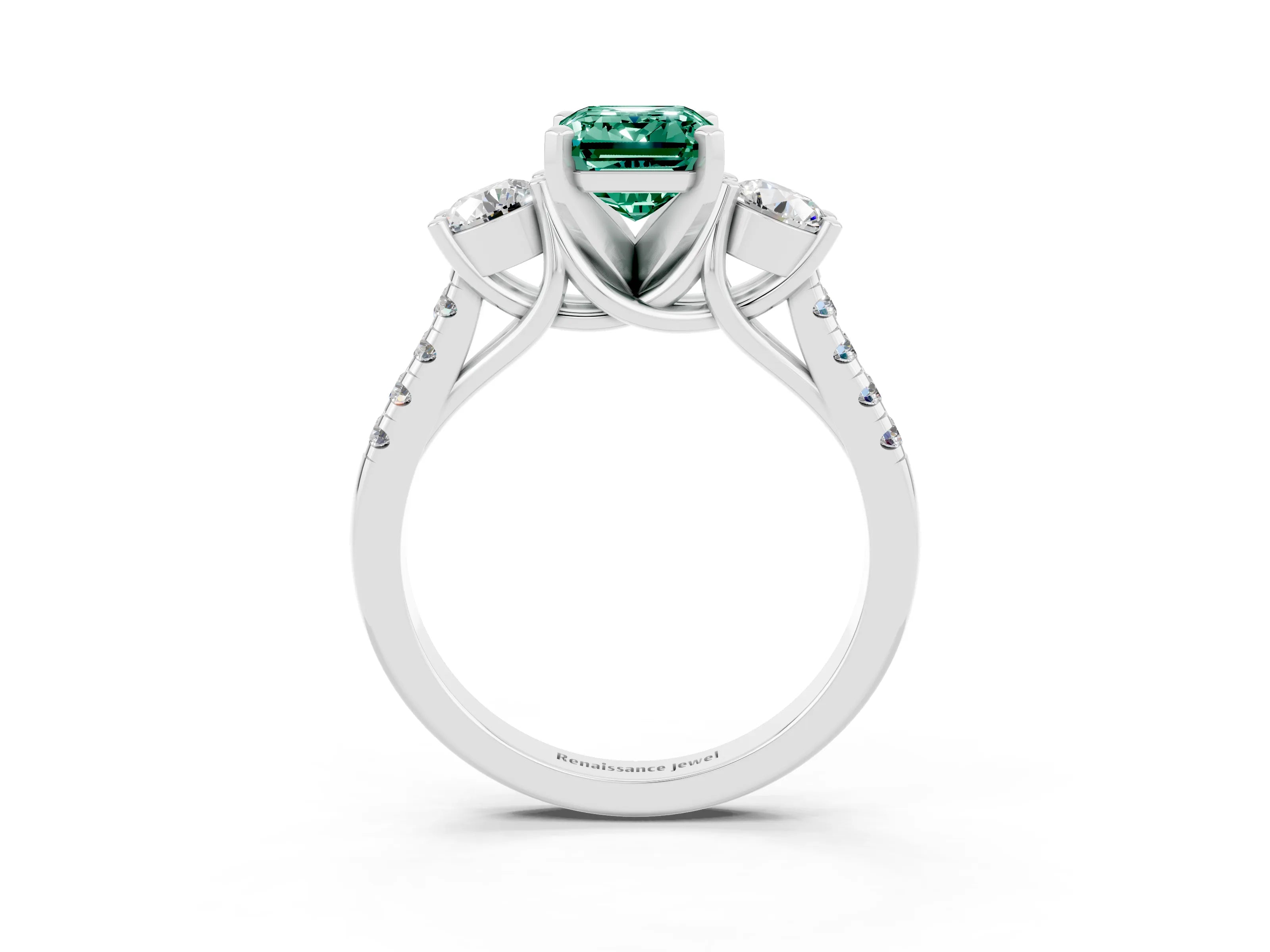 White gold Three-Stone Emerald Cut Green Sapphire Pavé Band with Four-Prong Setting_3