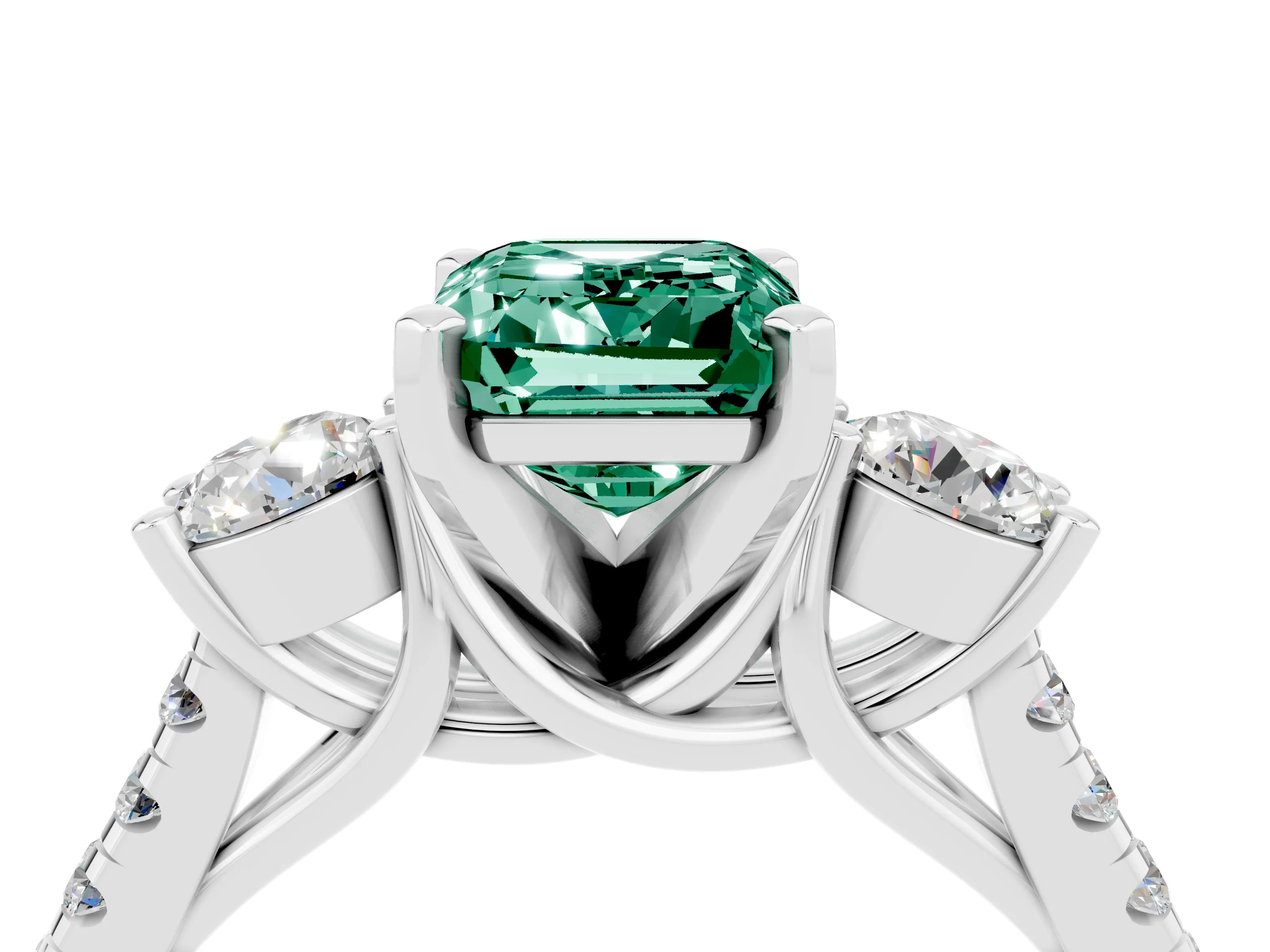 White gold Three-Stone Emerald Cut Green Sapphire Pavé Band with Four-Prong Setting_4