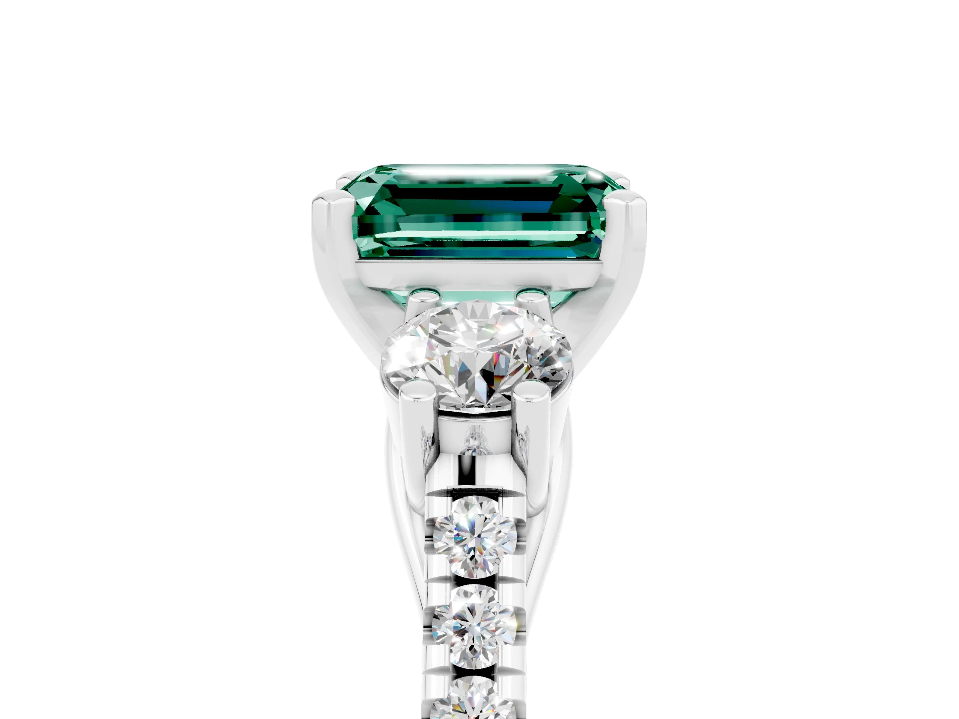 White gold Three-Stone Emerald Cut Green Sapphire Pavé Band with Four-Prong Setting_5