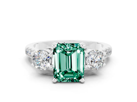 White gold Three-Stone Emerald Cut Green Sapphire Pavé Band with Four-Prong Setting