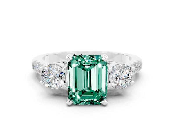 White gold Three-Stone Emerald Cut Green Sapphire Pavé Band with Four-Prong Setting