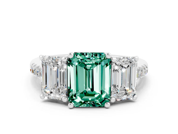 Platinum Three-Stone Emerald Cut Green Sapphire Ring with Round  Pavé Band and Prong Setting
