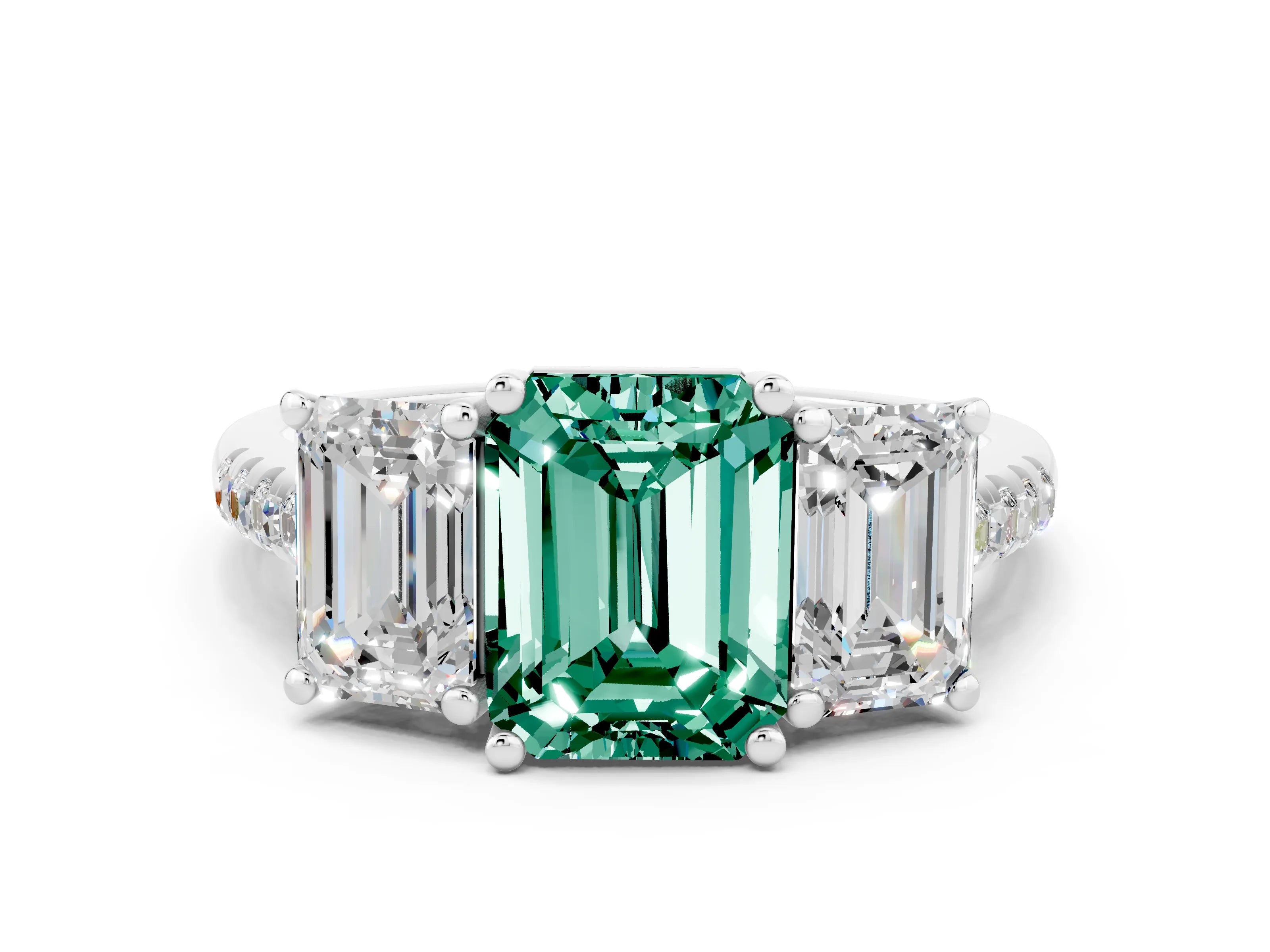 White gold Three-Stone Emerald Cut Green Sapphire Ring with Pavé Band and Prong Setting_12