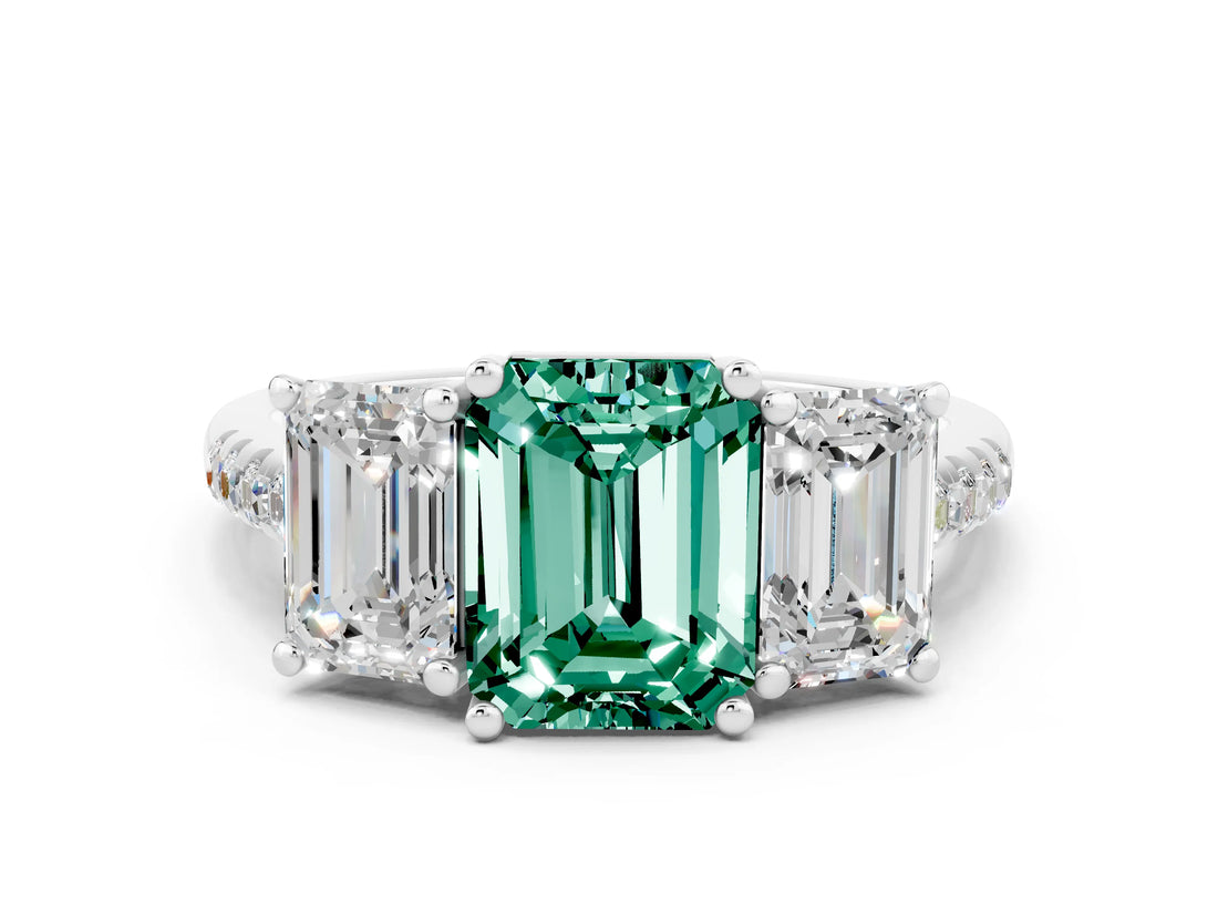 White gold Three-Stone Emerald Cut Green Sapphire Ring with Pavé Band and Prong Setting_12