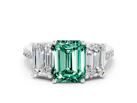 White gold Three-Stone Emerald Cut Green Sapphire Ring with Pavé Band and Prong Setting_12