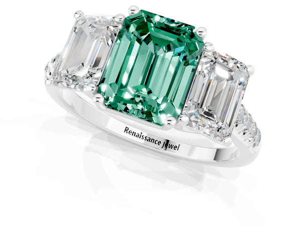 Silver Three-Stone Emerald Cut Green Sapphire Ring with Round  Pavé Band and Prong Setting