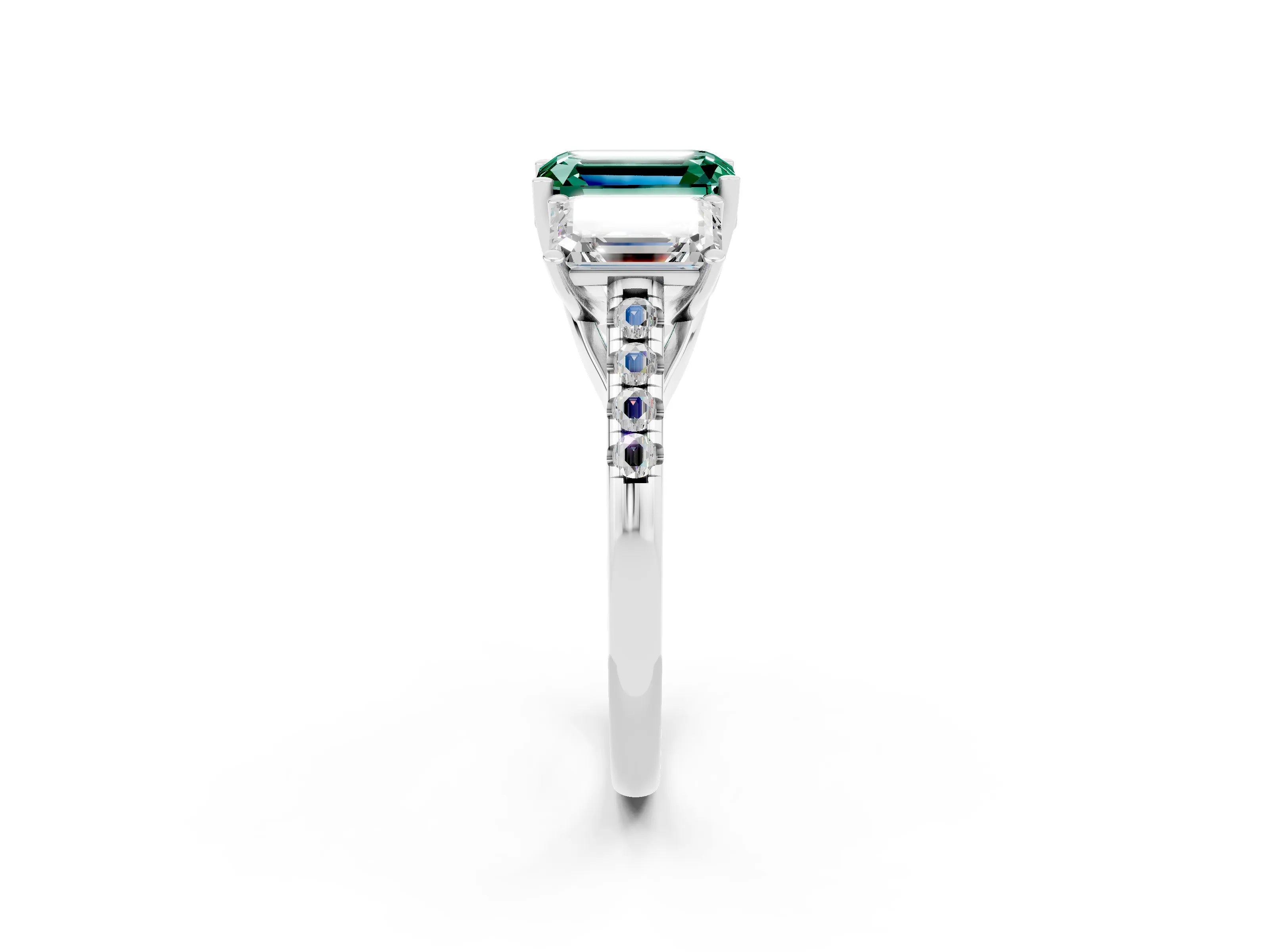 White gold Three-Stone Emerald Cut Green Sapphire Ring with Pavé Band and Prong Setting_14