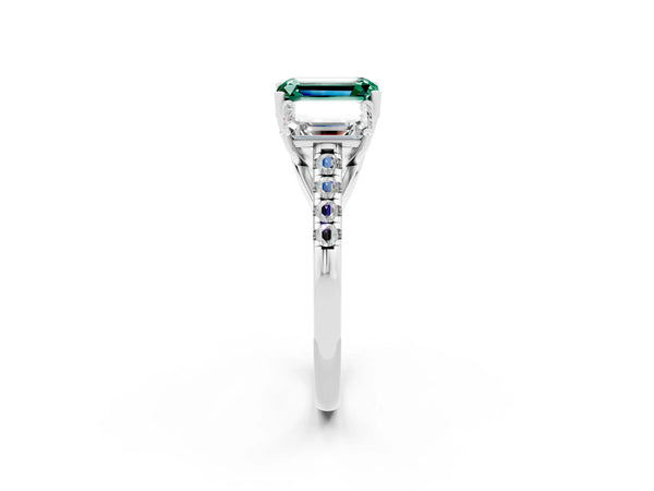 White gold Three-Stone Emerald Cut Green Sapphire Ring with Round  Pavé Band and Prong Setting