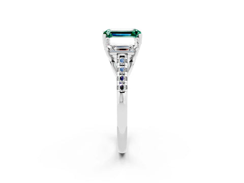 White gold Three-Stone Emerald Cut Green Sapphire Ring with Pavé Band and Prong Setting_14