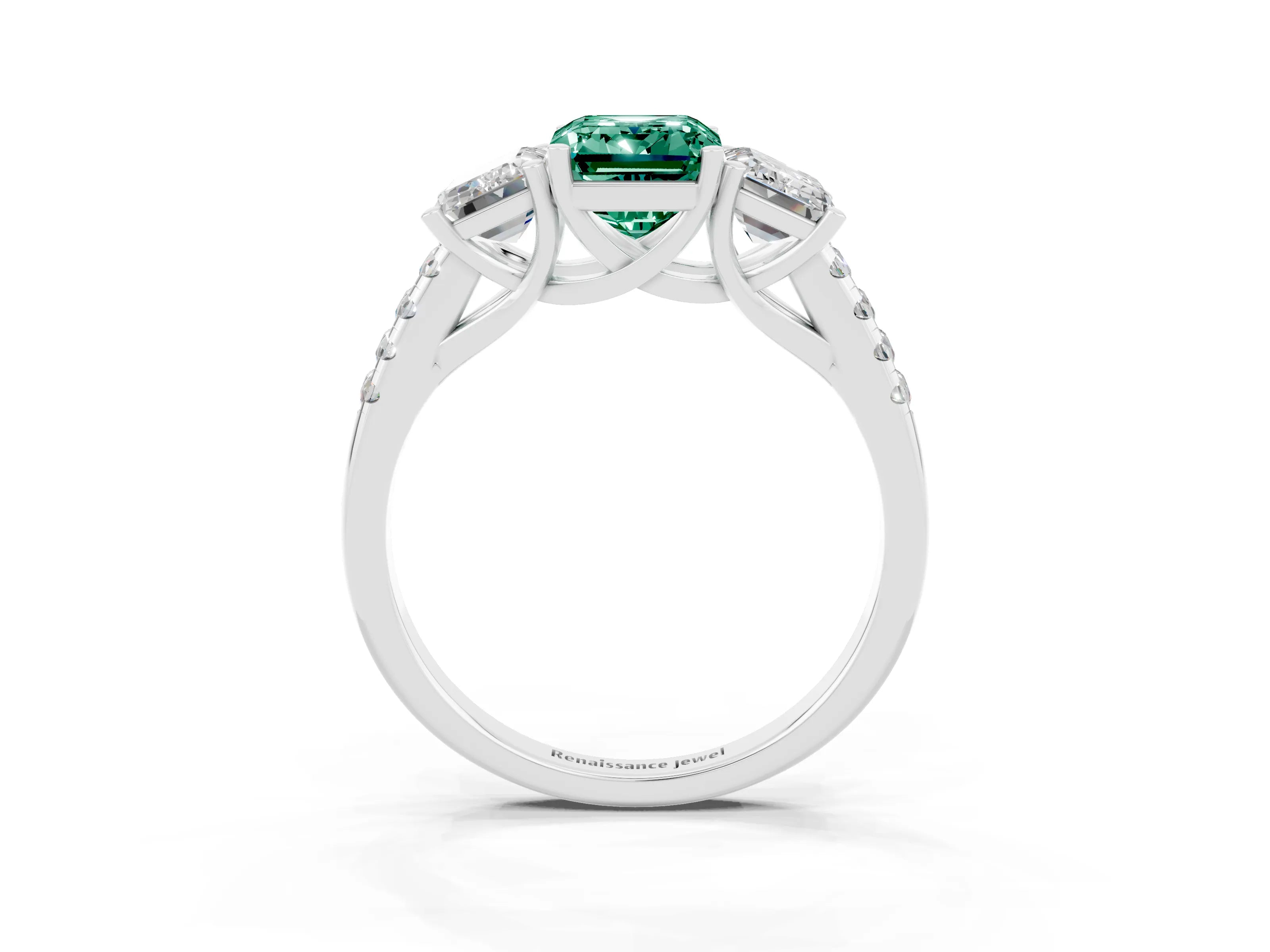 White gold Three-Stone Emerald Cut Green Sapphire Ring with Pavé Band and Prong Setting_15
