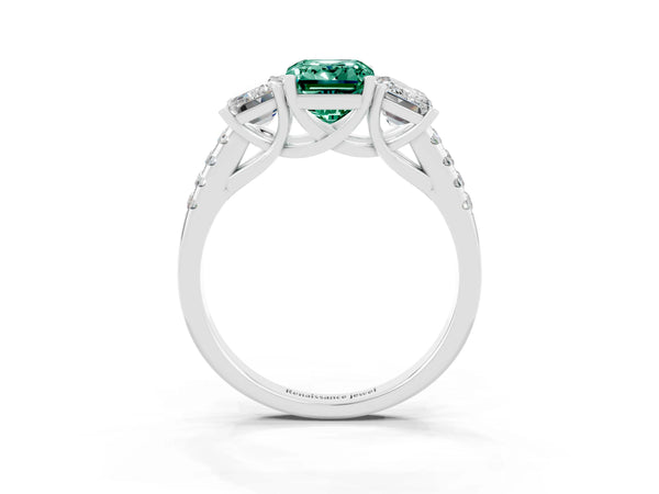 Silver Three-Stone Emerald Cut Green Sapphire Ring with Round  Pavé Band and Prong Setting