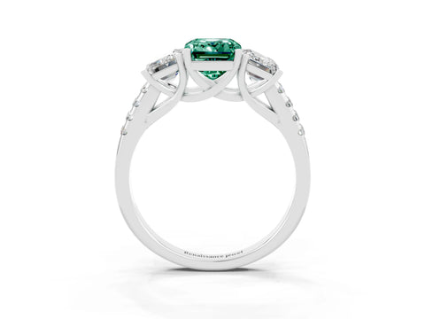 White gold Three-Stone Emerald Cut Green Sapphire Ring with Pavé Band and Prong Setting_15