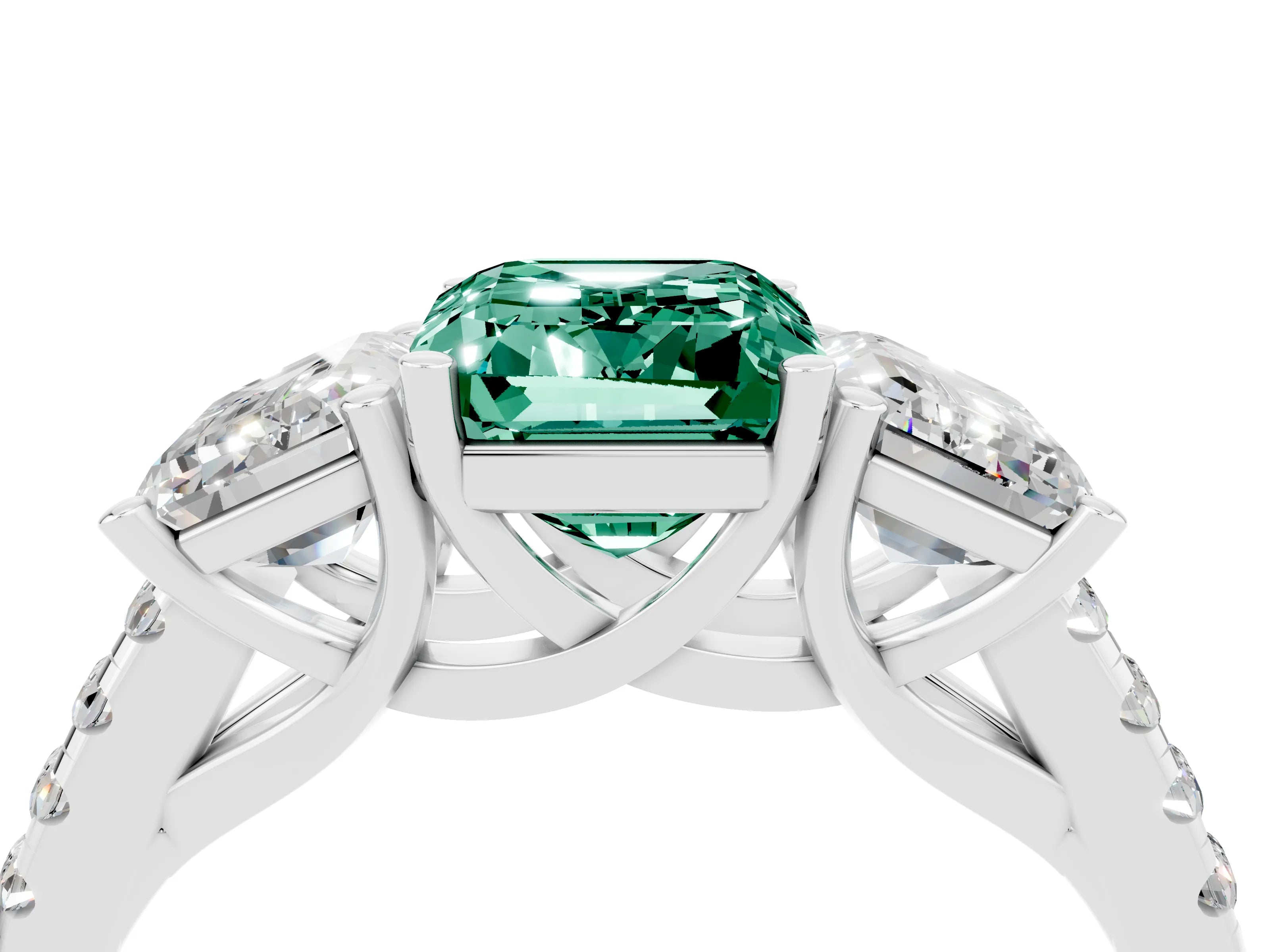 White gold Three-Stone Emerald Cut Green Sapphire Ring with Pavé Band and Prong Setting_16