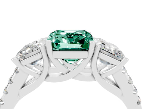 White gold Three-Stone Emerald Cut Green Sapphire Ring with Pavé Band and Prong Setting_16