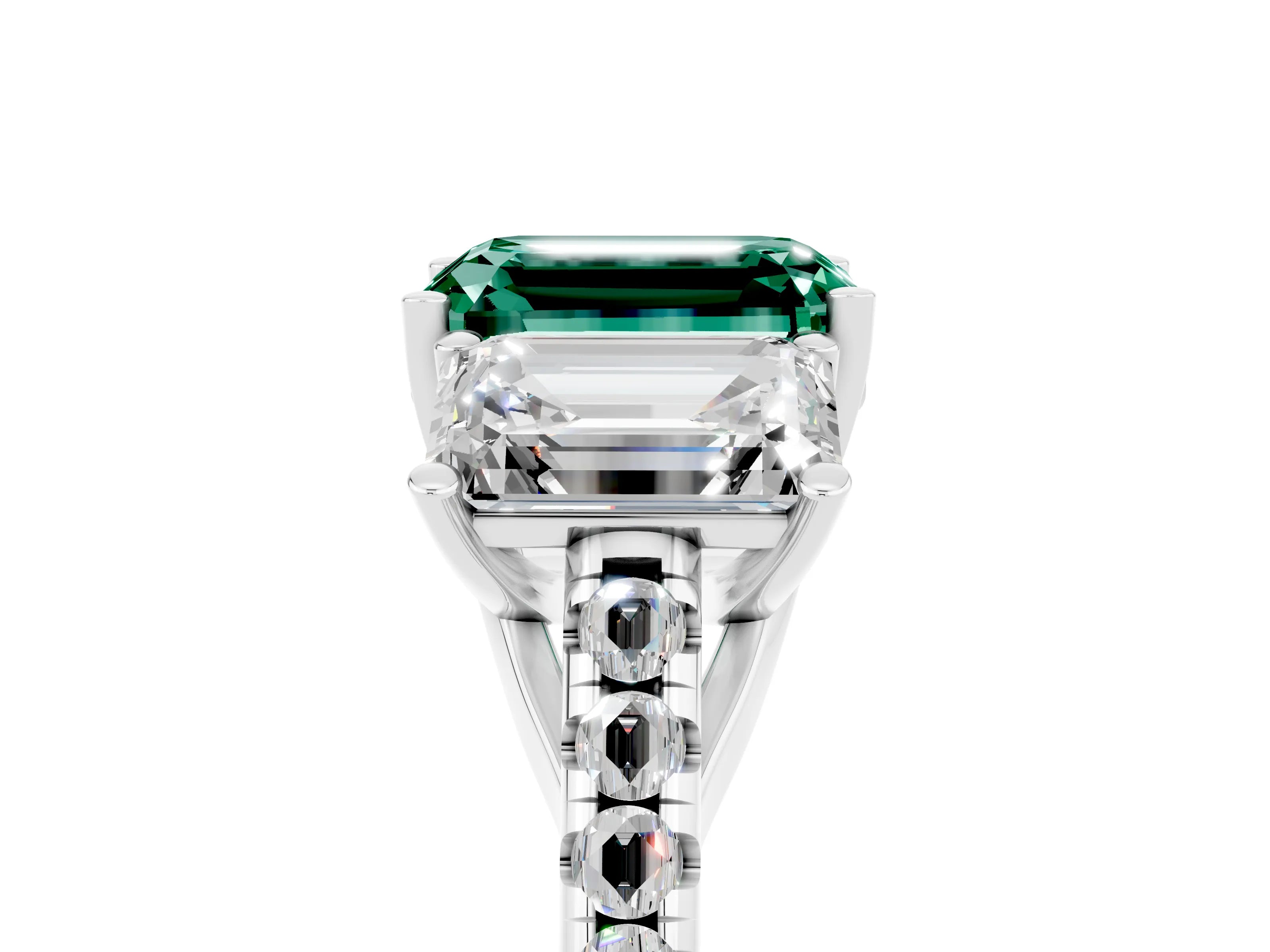 White gold Three-Stone Emerald Cut Green Sapphire Ring with Pavé Band and Prong Setting_17